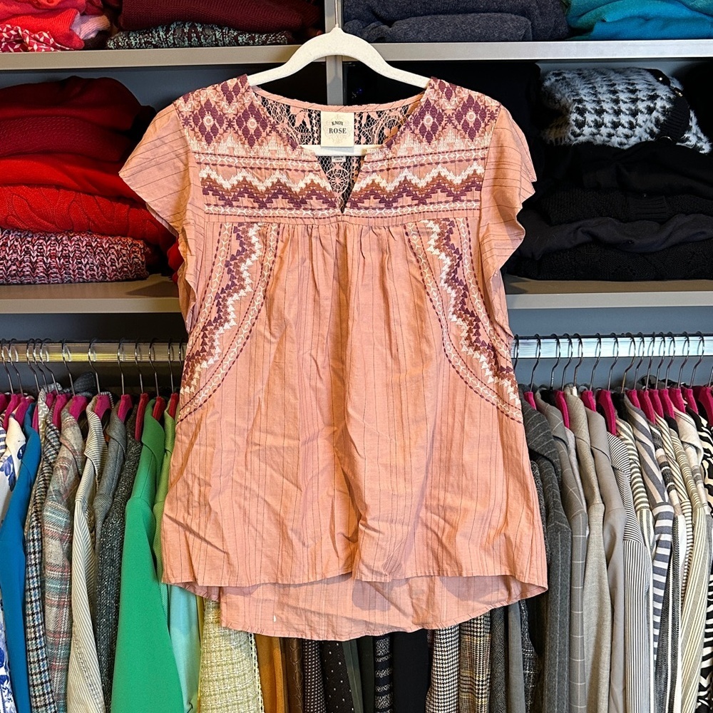 Knox Rose pink embroidered/lace/striped sleeveless v neck top  size S